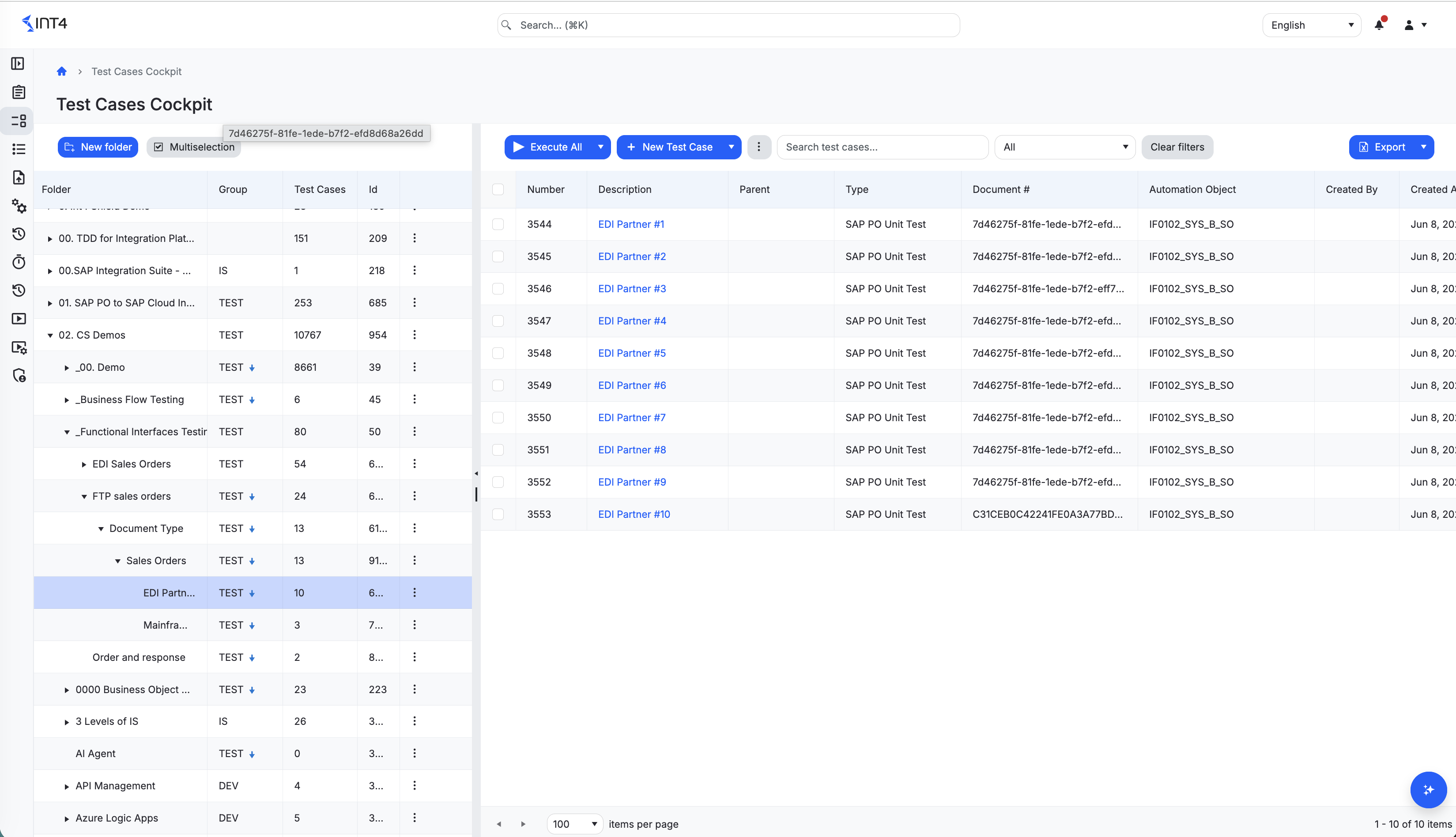 Test Cases Cockpit — folder tree on the left with a folder selected, and the test case list on the right populated with several rows